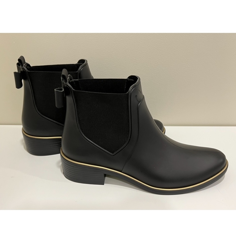 New Without Box: Kate Spade Rubber Black Rain Booties W/Gold Trim Size 10